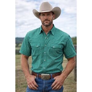 Wrangler Rancher Pearl Snap Shirt Green Geometric Print Men’s XL Tall Western